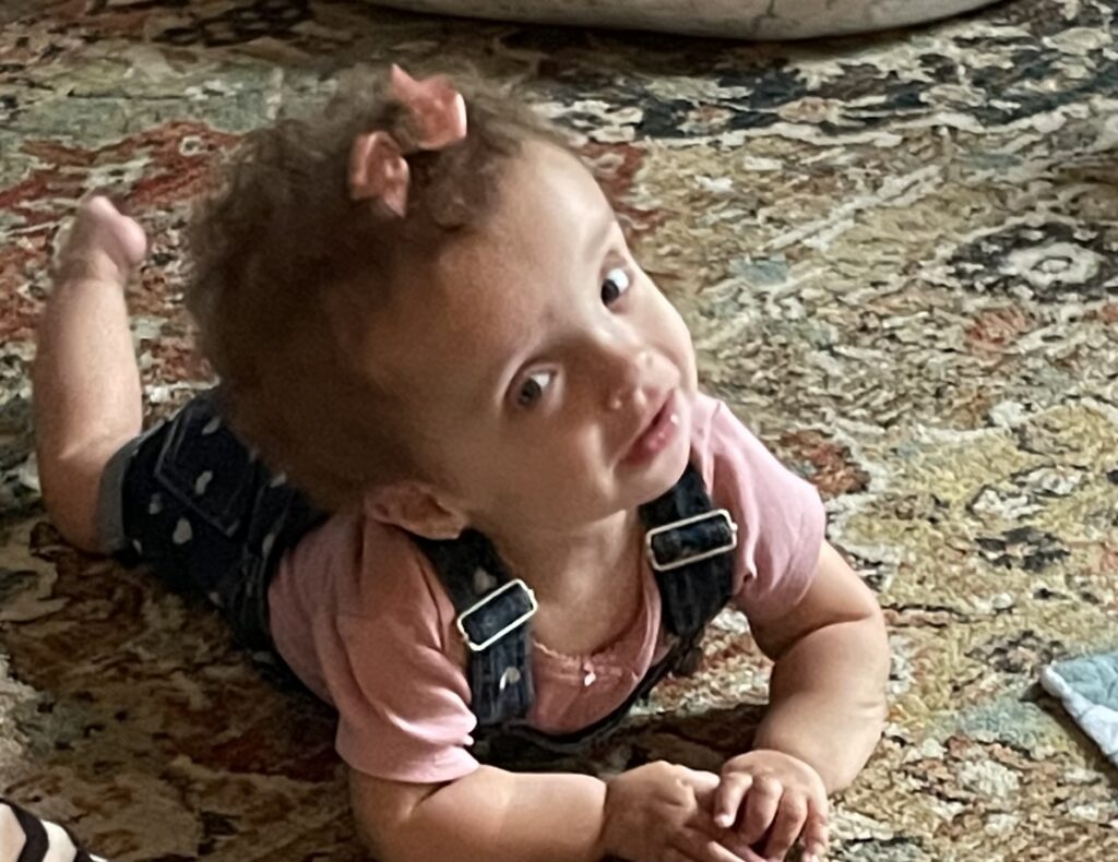 hailey with pink bow in hair laying on floor lifting head looking at camera